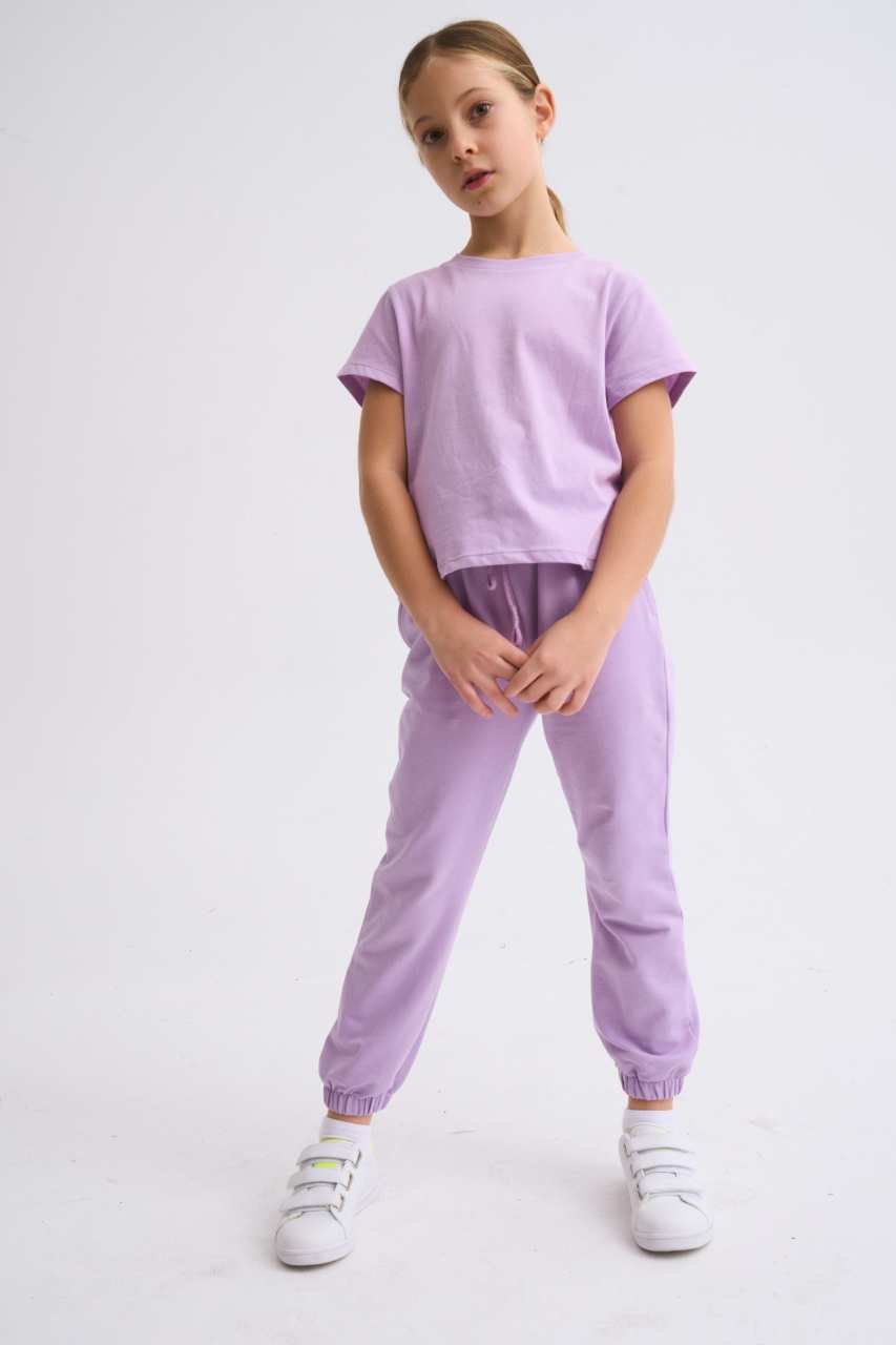 Organik Kısa Kollu Kız Çocuk Crop Tişört - Lila