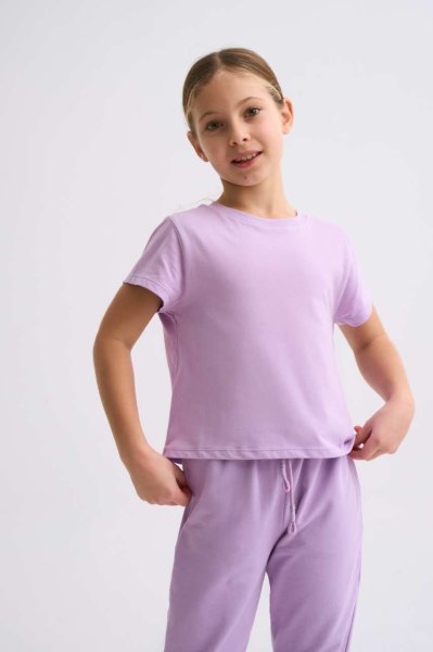 Organik Kısa Kollu Kız Çocuk Crop Tişört - Lila