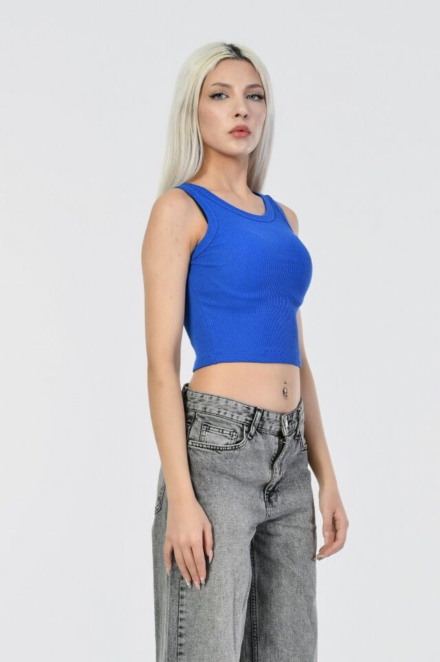 Kaktüs Kaşkorse Kumaş Bisiklet Yaka Atlet  - Saks mavisi