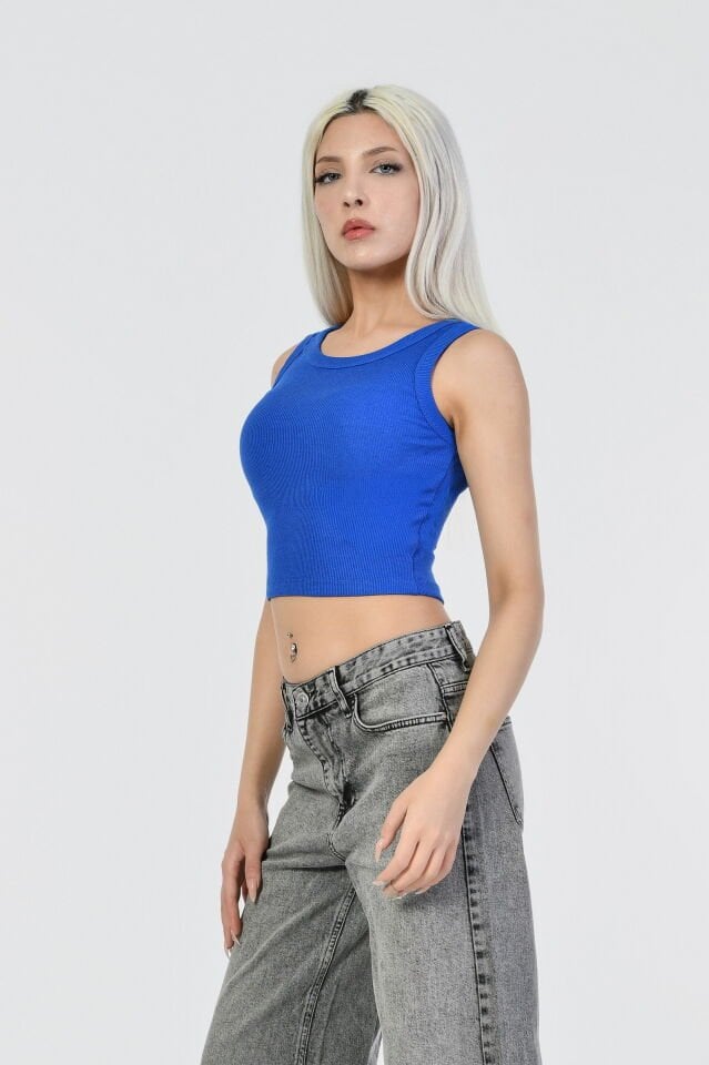 Kaktüs Kaşkorse Kumaş Bisiklet Yaka Atlet  - Saks mavisi