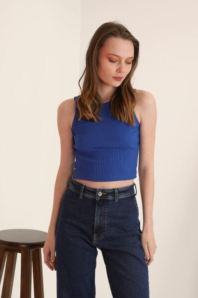 Kaktüs Kaşkorse Kumaş Bisiklet Yaka Atlet  - Saks mavisi