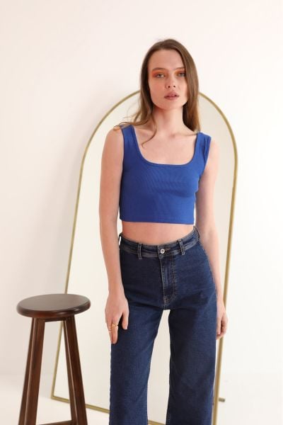 Kaktüs Kaşkorse Kumaş Askılı Crop  - Saks mavisi