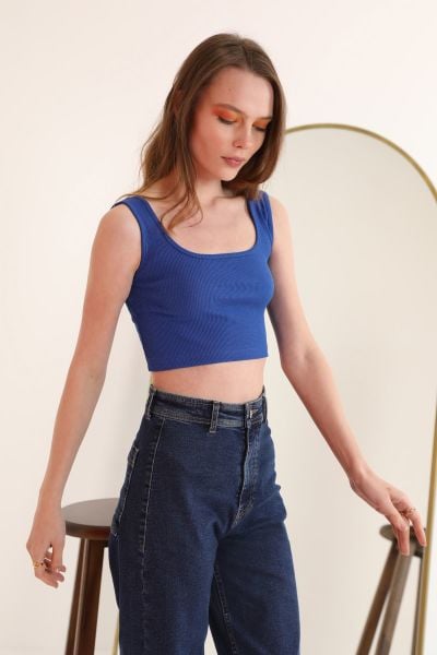 Kaktüs Kaşkorse Kumaş Askılı Crop  - Saks mavisi