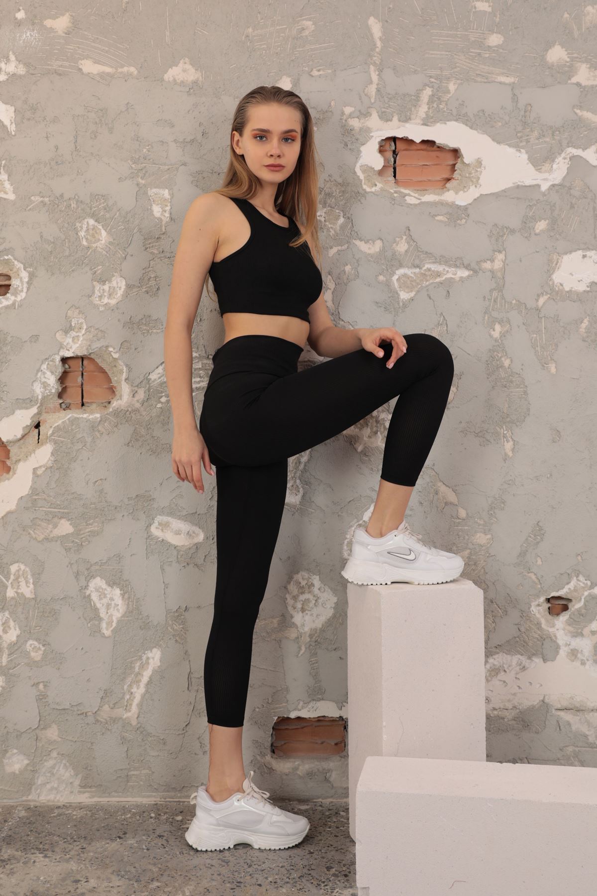 Kaktüs Fitilli Toparlayıcı Örme Tayt  - Siyah